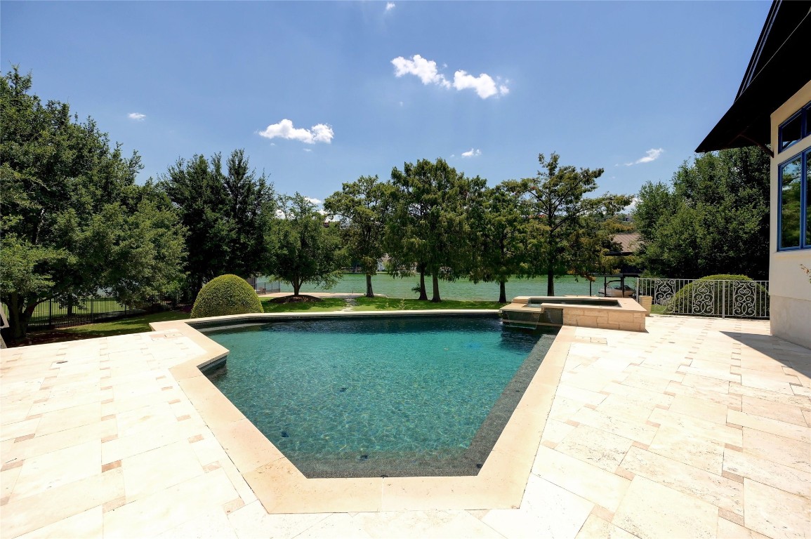 a view of a swimming pool with a patio and plants