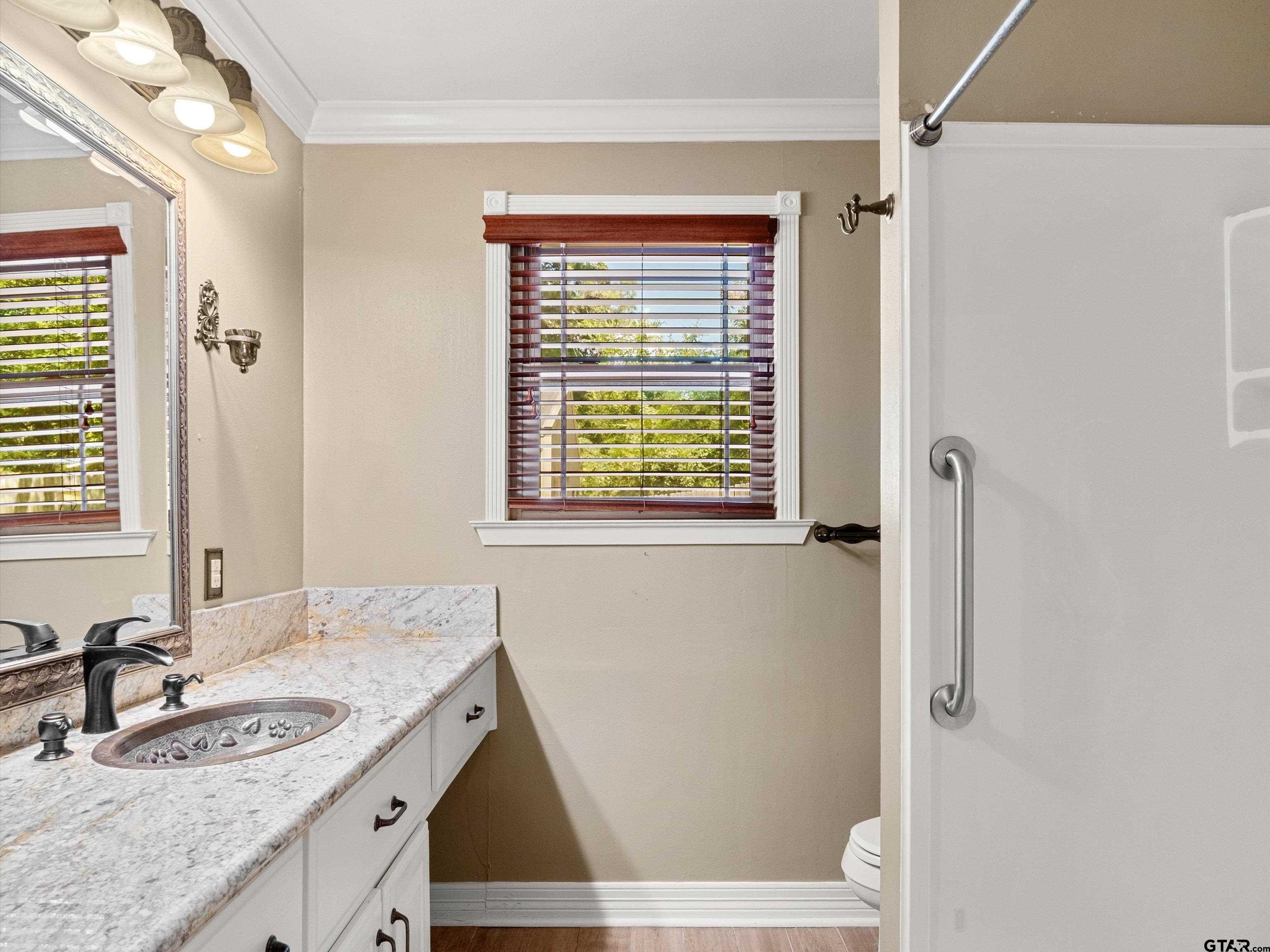 6 Lindsey Lane Longview, TX 75601 - Photo 30 of 33 a bathroom with a granite countertop sink a toilet a shower and a window