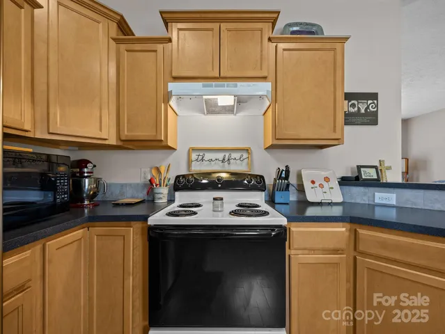 a kitchen with stainless steel appliances granite countertop a stove a sink and a microwave