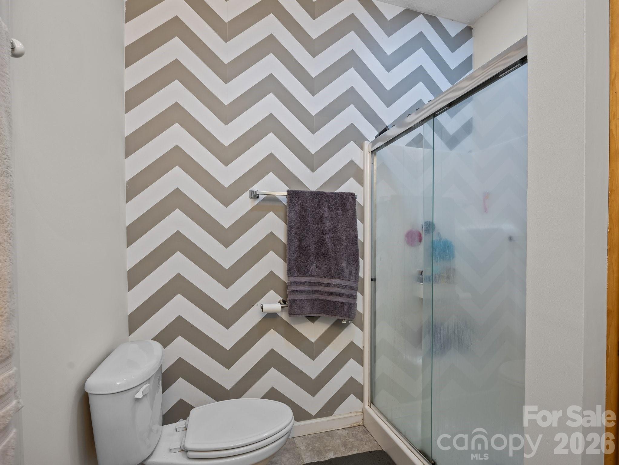 233 Thompson Cv Road Clyde, NC 28721 - Photo 20 of 24 a bathroom with a toilet and a shower curtain