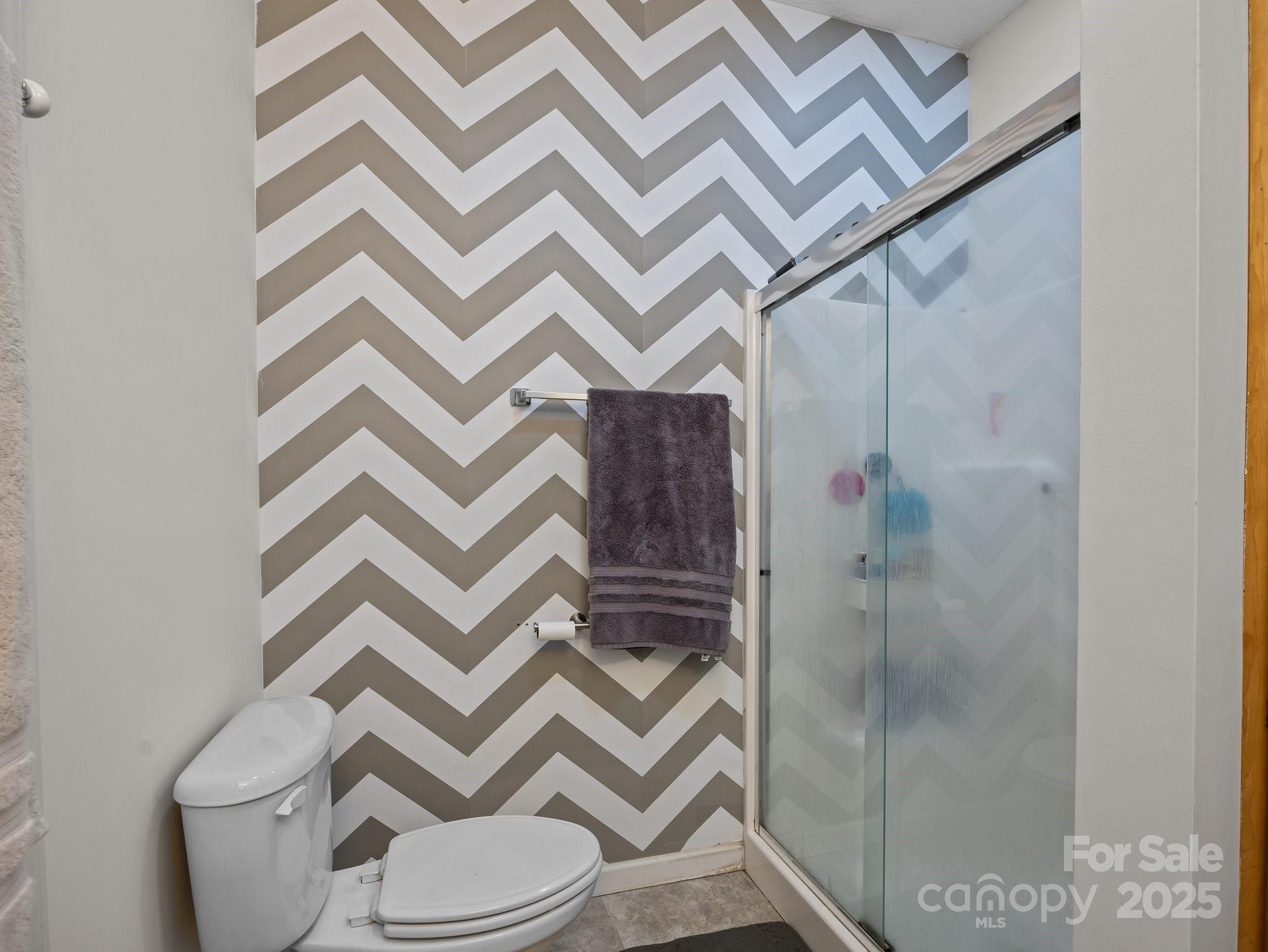 233 Thompson Cv Road Clyde, NC 28721 - Photo 21 of 25 a bathroom with a toilet and a shower curtain