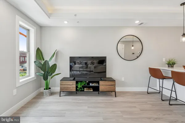 a living room with furniture a potted plant and a large window