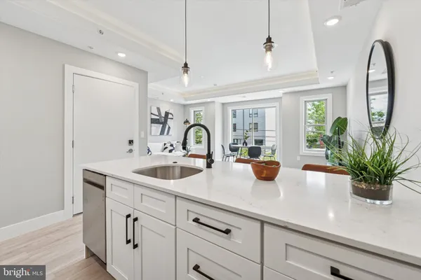 a kitchen with stainless steel appliances a sink a potted plant and windows