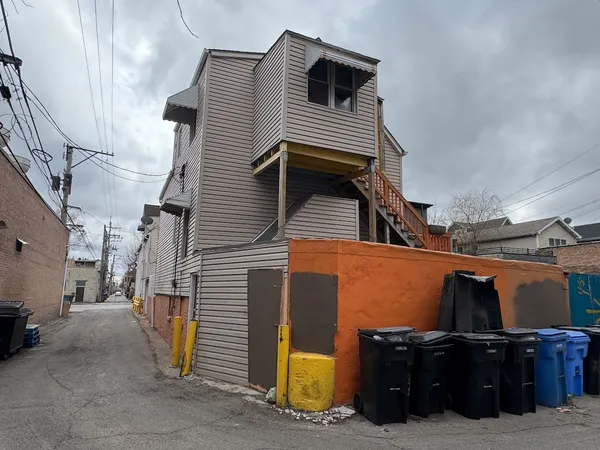 a view of a street with storage