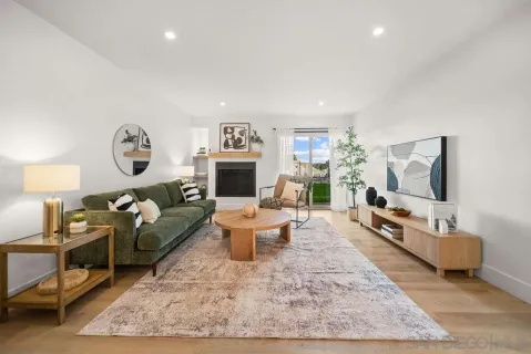 a living room with furniture a rug and a fireplace