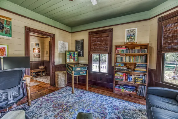 a view of a garage with chairs