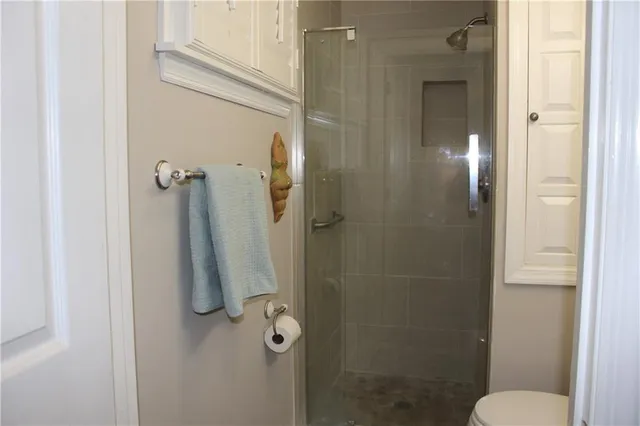 a bathroom with a shower and toilet