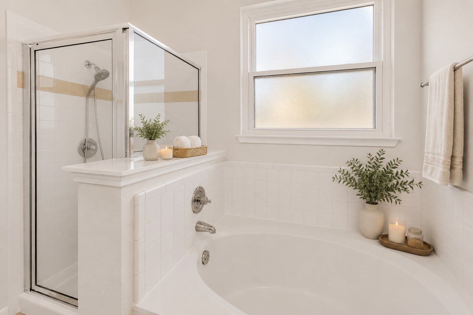 12528 Labrador Cove Austin, TX 78729 - Photo 27 of 40 This inviting primary bath retreat features a relaxing soaking tub and separate glass-enclosed shower, creating the perfect space to unwind after a long day. Virtually staged with a light Pottery Barn-inspired aesthetic, the space is enhanced with soft neutral tones, spa-inspired accessories, fresh greenery, woven textures, and plush towels that highlight the bathroom’s bright, clean design and serene atmosphere. Photo has been virtually staged to illustrate the room’s design potential; actual property is unfurnished.