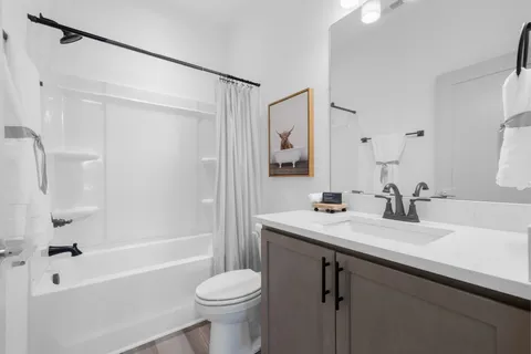 a bathroom with a sink a toilet a mirror a shower and a bathtub