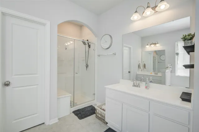 a bathroom with a sink a mirror and a shower