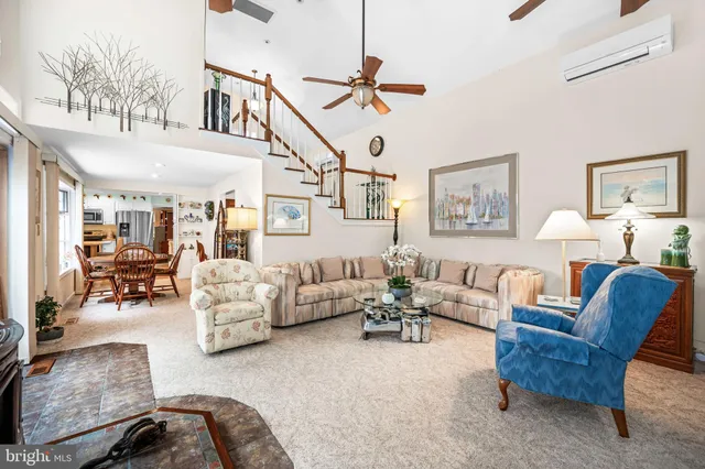 a living room with furniture or couch and a ceiling fan