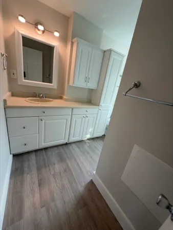 a bathroom with a sink and a mirror