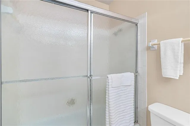 a bathroom with a shower and a toilet