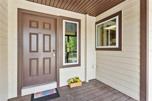 a view of front door of house with wooden floor