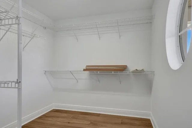 a view of a room with racks on the wall