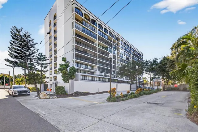 a front view of a building with street view