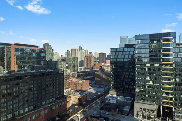 a city view with tall buildings