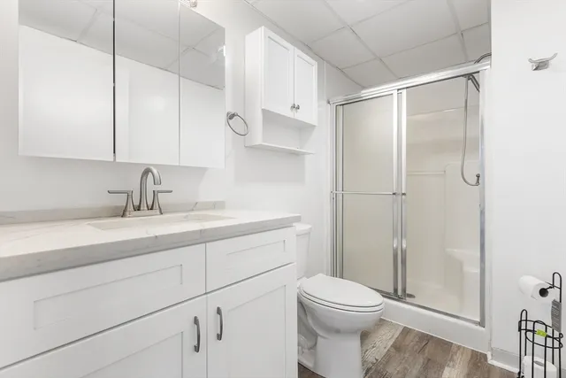 a bathroom with a sink a toilet and shower