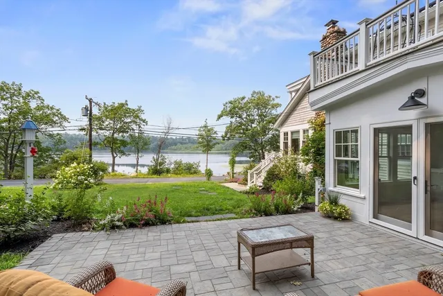 a garden view with a seating space