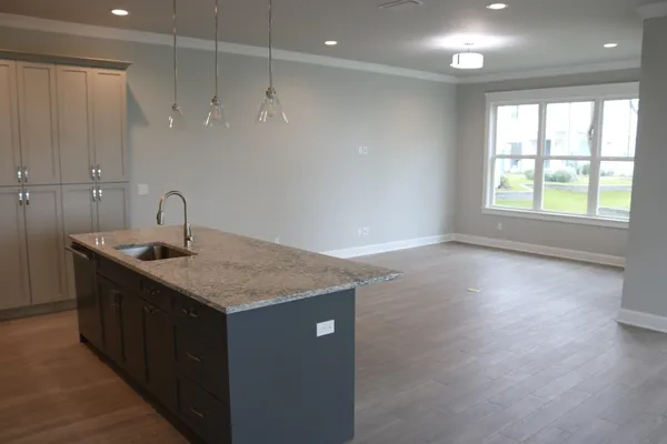 a kitchen with a sink cabinets and wooden floor