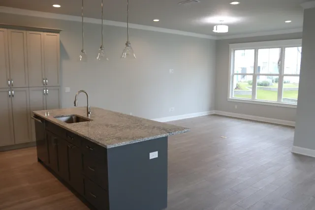 a kitchen with a sink cabinets and wooden floor