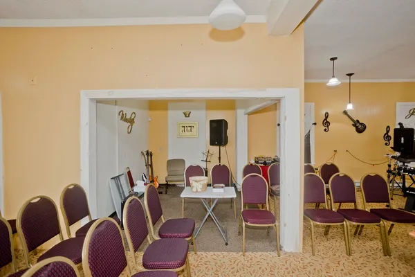 a view of a dining room with furniture