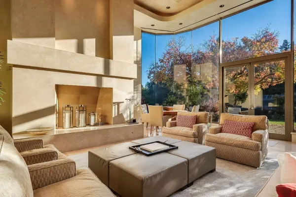 a living room with furniture and a potted plant