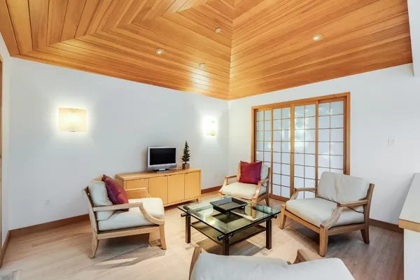a view of a dining room with furniture