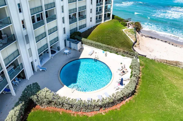 an aerial view of a swimming pool