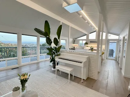 a living room with furniture and a potted plant