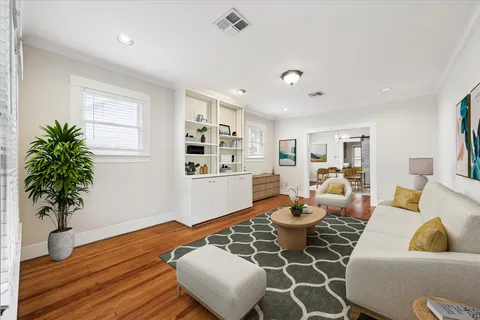 a living room with furniture and a potted plant