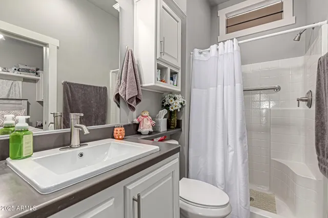 a bathroom with a sink a toilet and shower