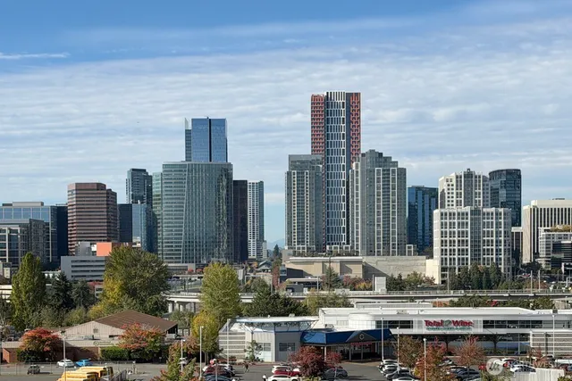 a city view with tall buildings