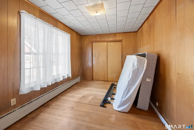 a view of a room with windows