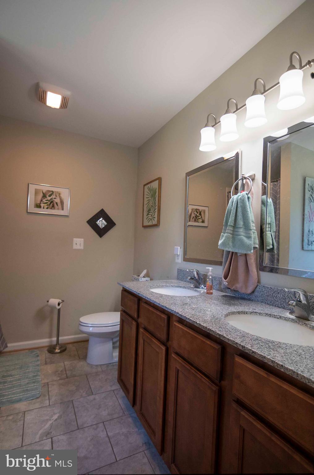 21281 Old Mill Road Culpeper, VA 22701 - Photo 34 of 40 a bathroom with a granite countertop sink a toilet and a mirror