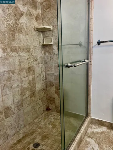 a bathroom with a toilet and a shower