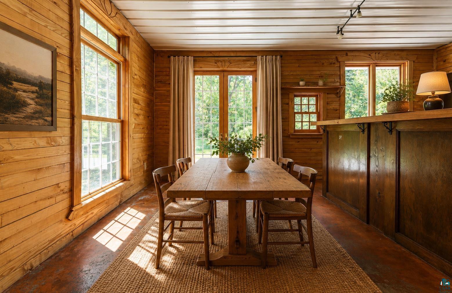 9734 Alango Road Angora, MN 55703 - Photo 43 of 53 Wood-paneled interior walls, natural wood-framed windows, built-in wooden bar, track lighting, and wood-finish flooring