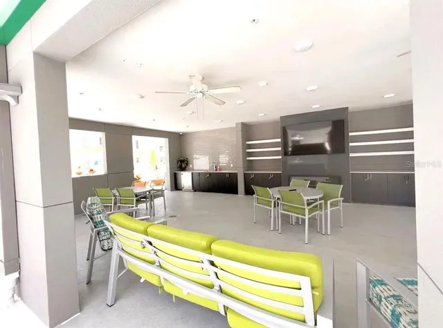 a view of a dining room with furniture