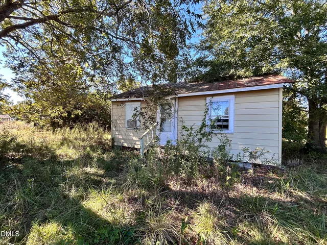a backyard of a house with plants and large tree