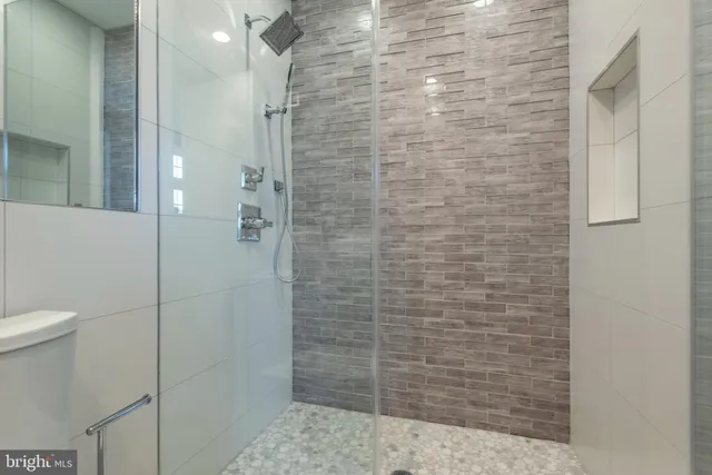 a bathroom with a shower and toilet