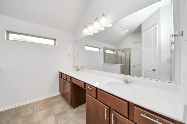 a bathroom with a sink vanity and a mirror