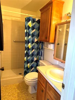 a bathroom with a sink toilet and shower