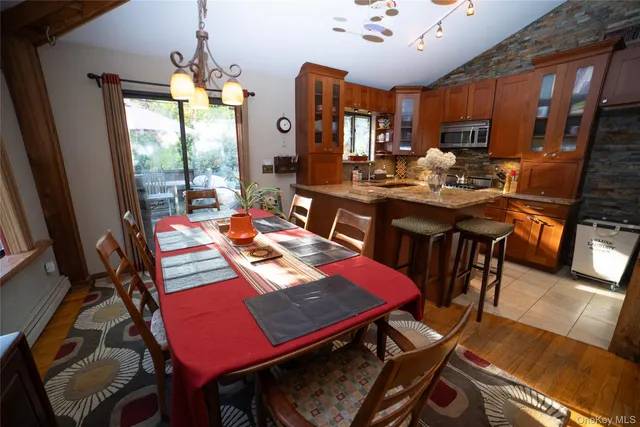 a view of a dining room with furniture