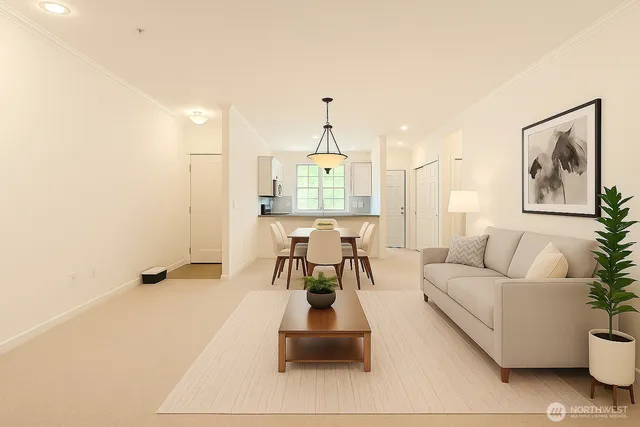 a living room with furniture and a chandelier