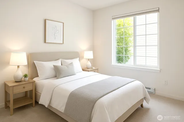 a bedroom with a bed and a window