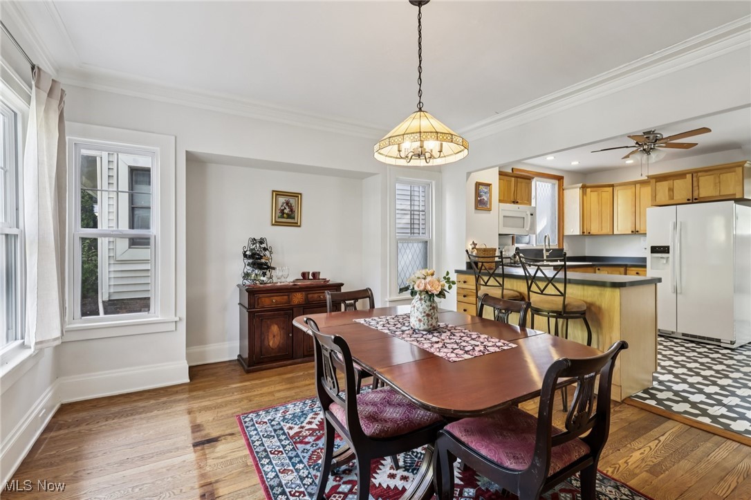3054 East Overlook Road Cleveland, OH 44118 - Photo 7 of 50 Dining area featuring crown molding, a chandelier, light wood finished floors, ceiling fan, and plenty of natural light