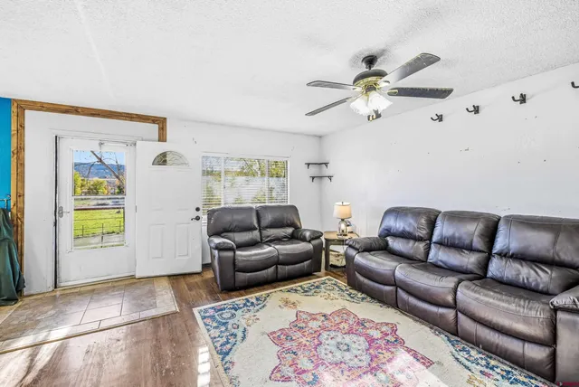 a living room with furniture and a rug