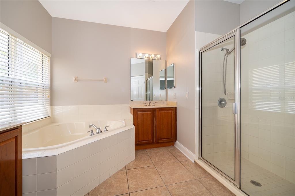 6825 Dolce Way Orlando, FL 32819 - Photo 30 of 40 a bathroom with a bathtub a sink a vanity and a shower
