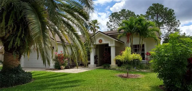 a view of a white house with a yard and potted plants and a large tree