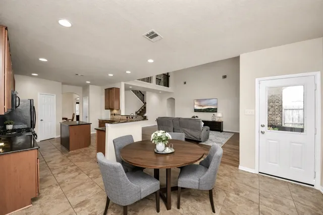 a view of a dining room with furniture